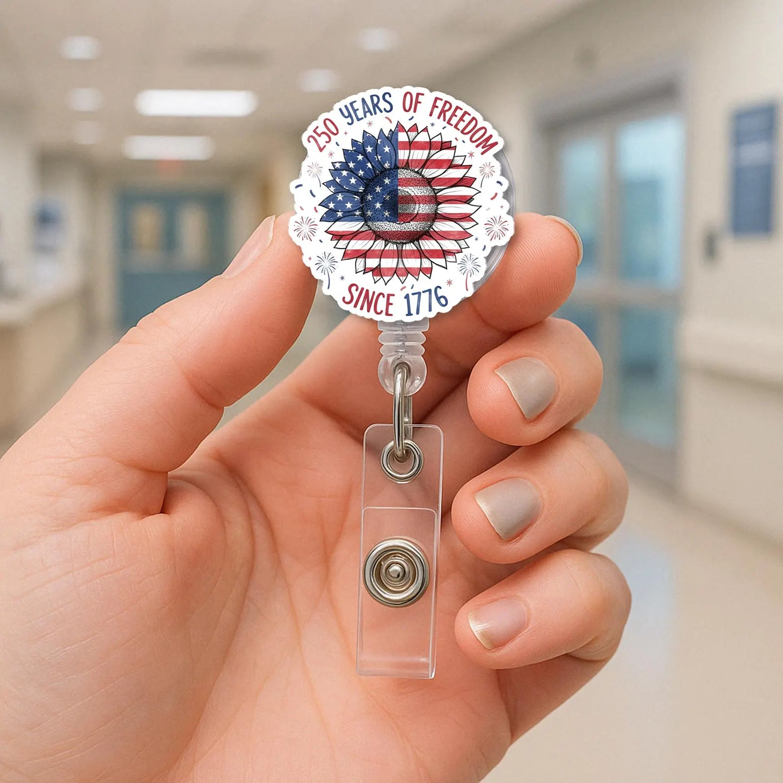 Patriotic Sunflower Badge Reel, American Flag Retractable Badge Reel, USA 250th Birthday Gift For Nurse