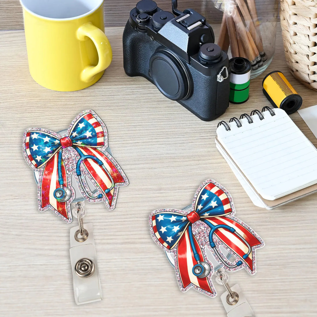 Patriotic Bow Badge Reel, Glitter USA Stethoscope ID Holder, Gift For Nurse