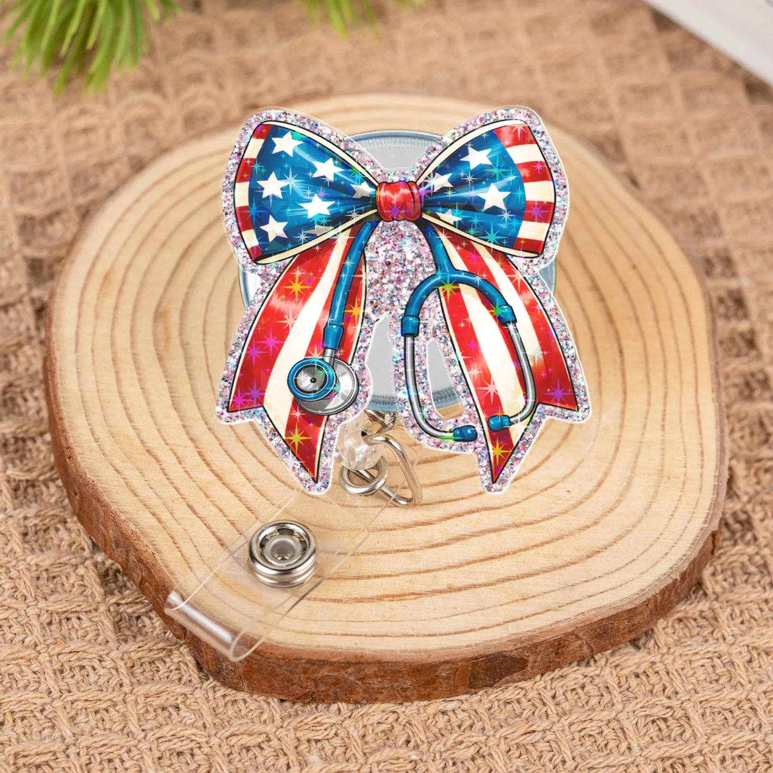 Patriotic Bow Badge Reel, Glitter USA Stethoscope ID Holder, Gift For Nurse