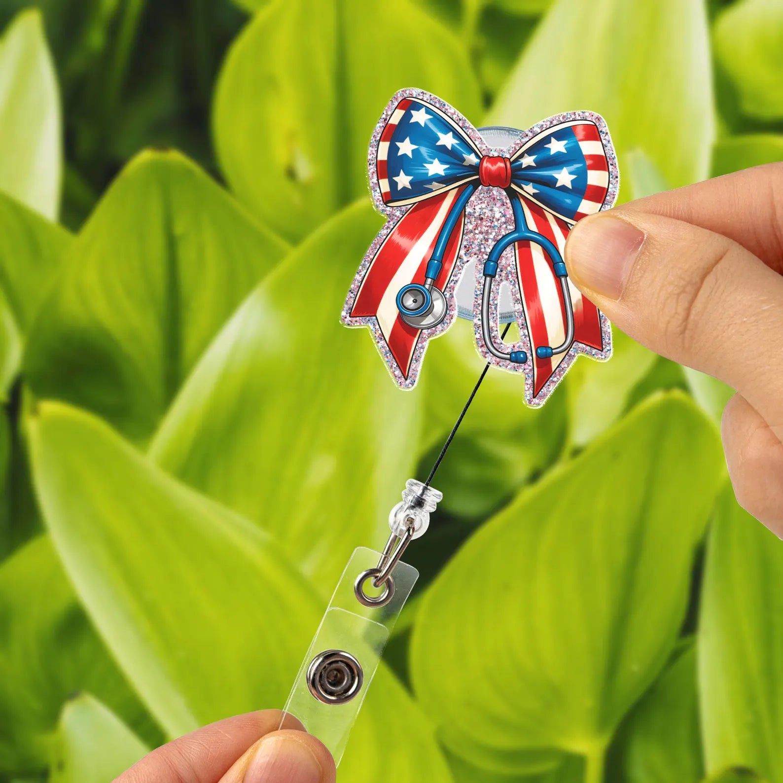 Patriotic Bow Badge Reel, Glitter USA Stethoscope ID Holder, Gift For Nurse