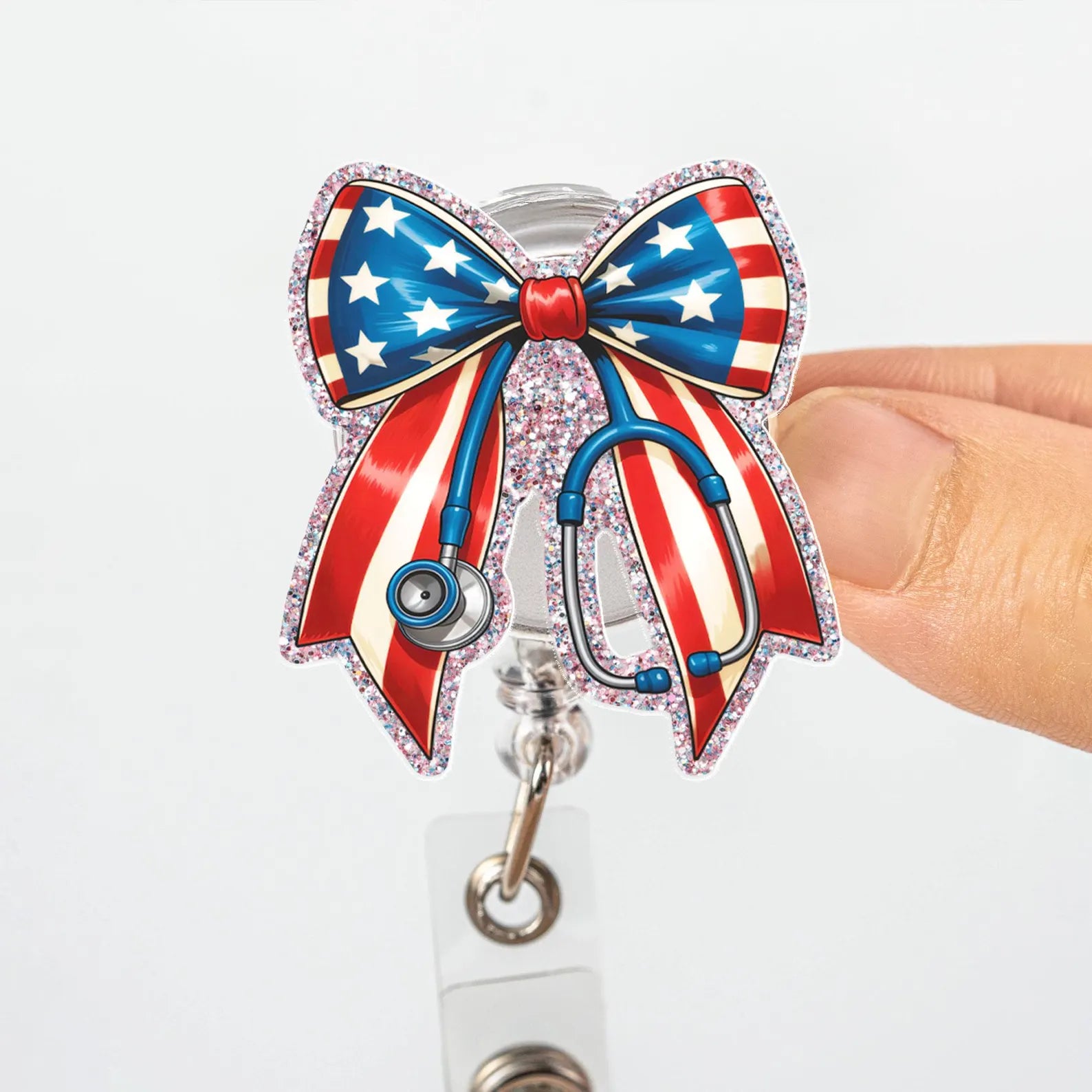Patriotic Bow Badge Reel, Glitter USA Stethoscope ID Holder, Gift For Nurse