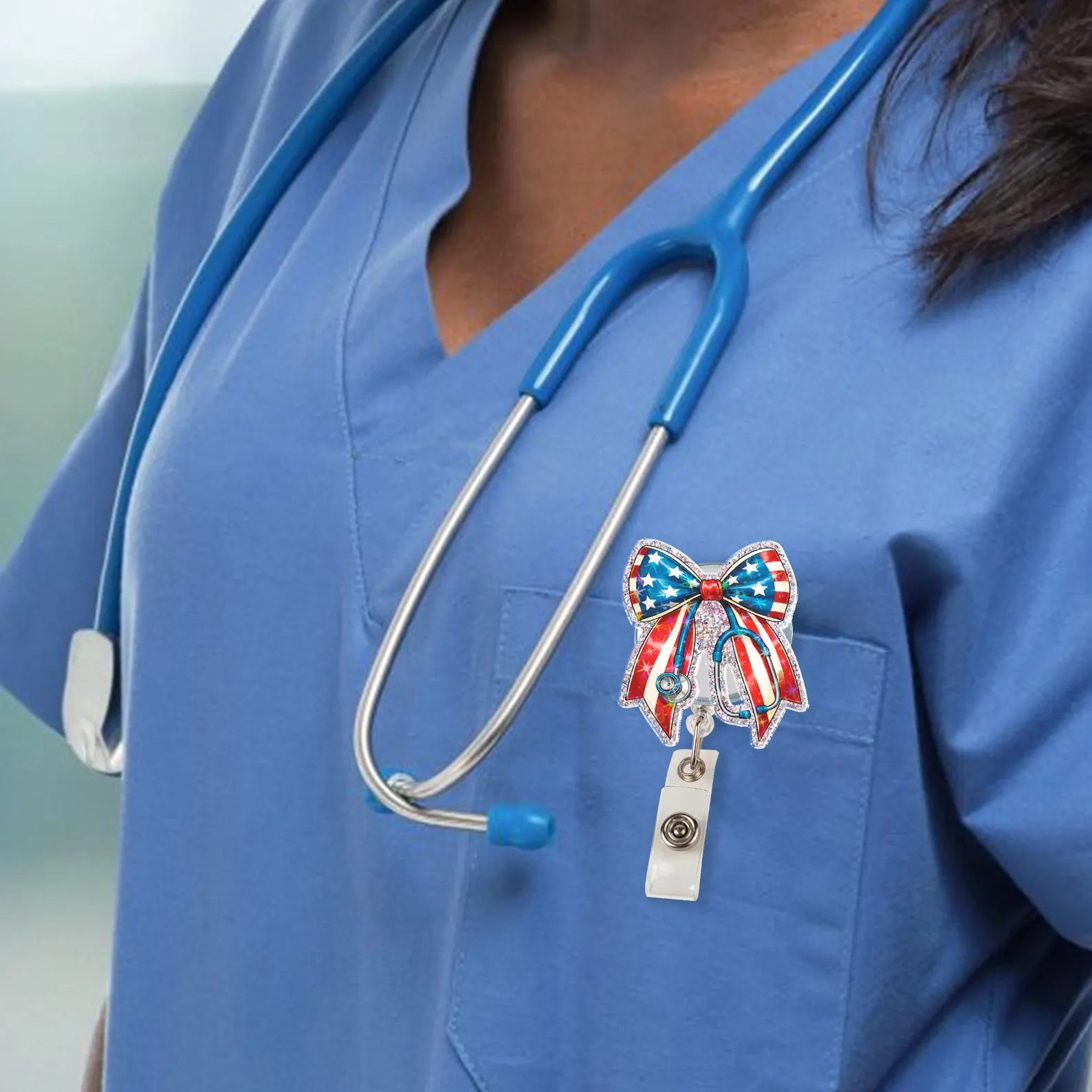 Patriotic Bow Badge Reel, Glitter USA Stethoscope ID Holder, Gift For Nurse