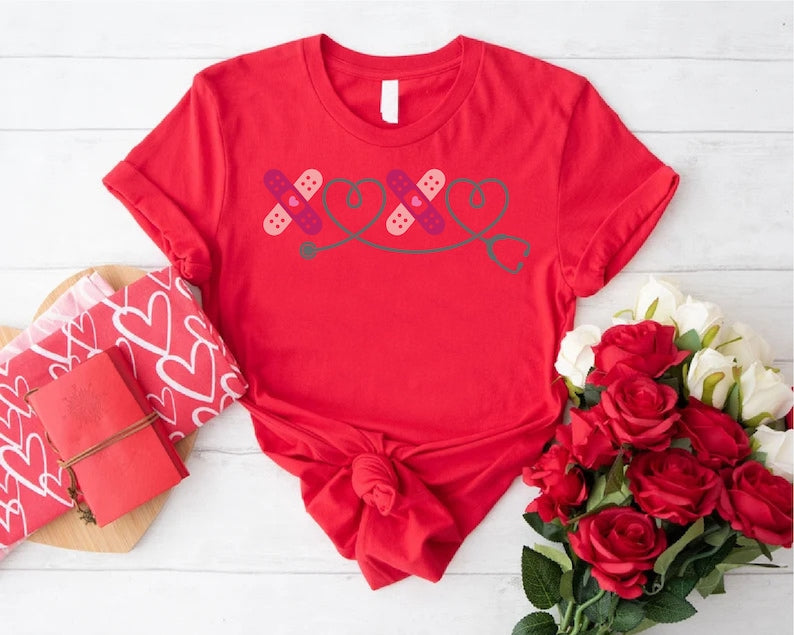 Cute Bandage Heart Stethoscope Nurse Shirt, Valentine RN Tee, Nurse Gift
