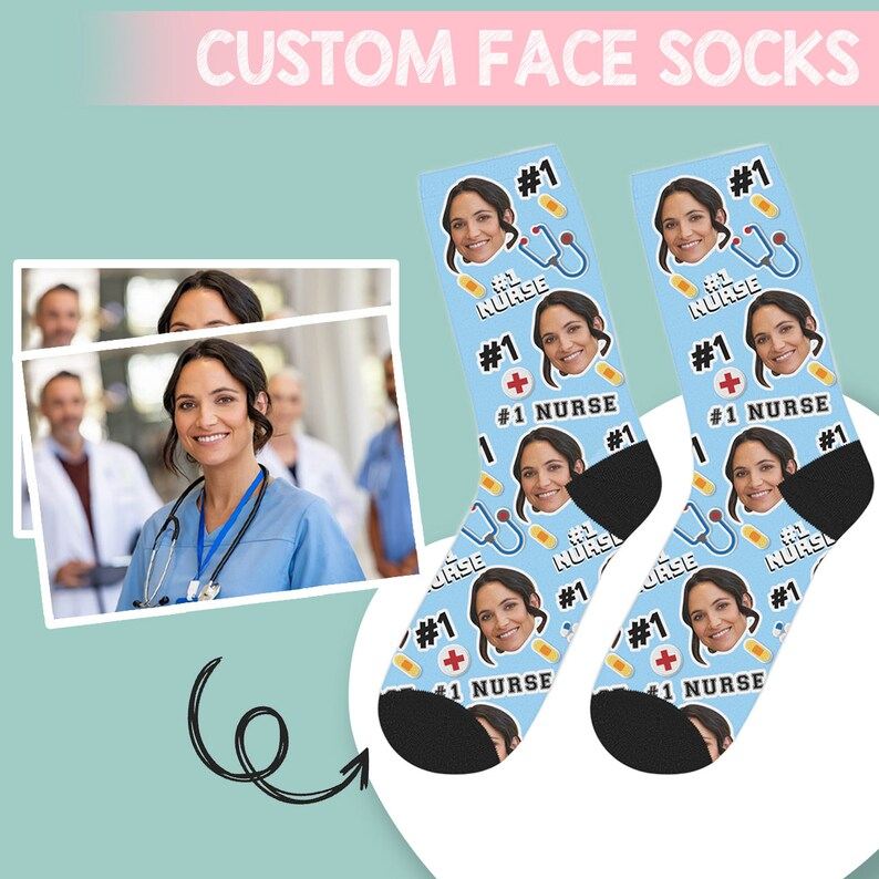 Custom Nurse Face Socks, Personalized Socks For Nurse, #1 Nurse Socks, Nurse Appreciation Gift, Custom Picture Socks, Gift For Nursing