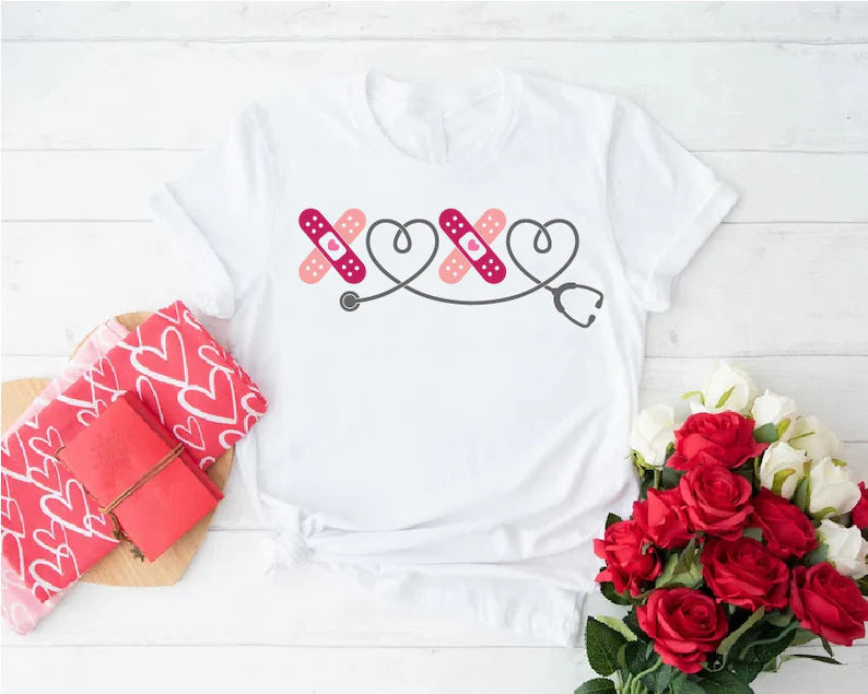 Cute Bandage Heart Stethoscope Nurse Shirt, Valentine RN Tee, Nurse Gift