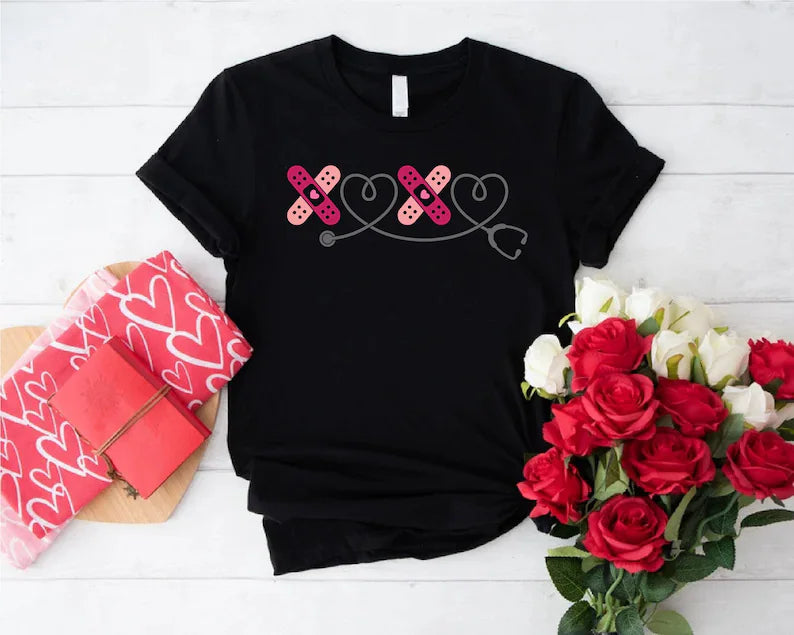 Cute Bandage Heart Stethoscope Nurse Shirt, Valentine RN Tee, Nurse Gift