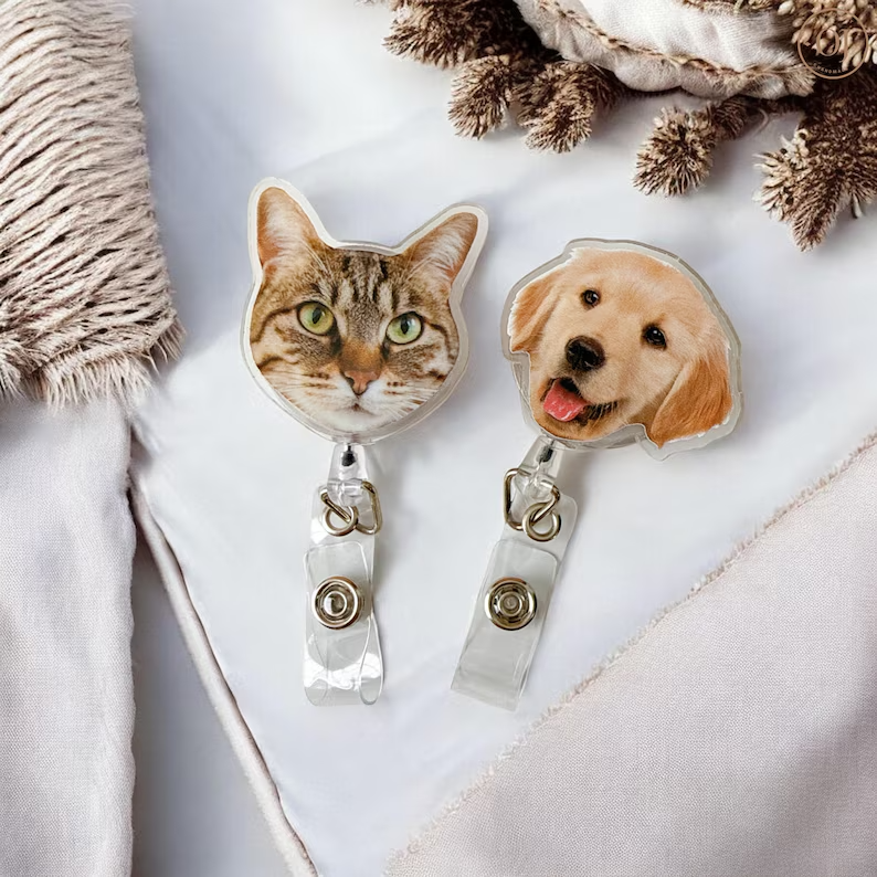 Custom Pet Face Badge Reel for Nurses & Doctors, Cute Dog Cat ID Holder Clip, Retractable Work Badge, RN LPN CNA Gift