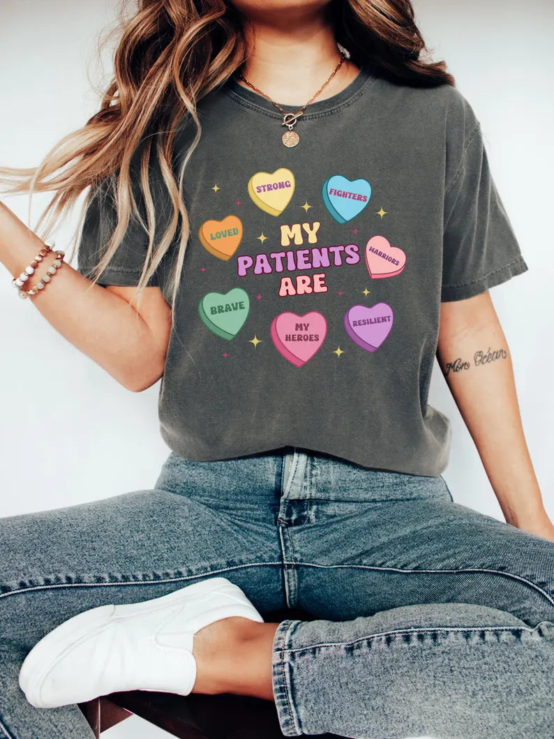 Funny My Patients Are Strong Fighters Nurse Shirt, Valentine Candy Heart RN Tee, Nurse Gift