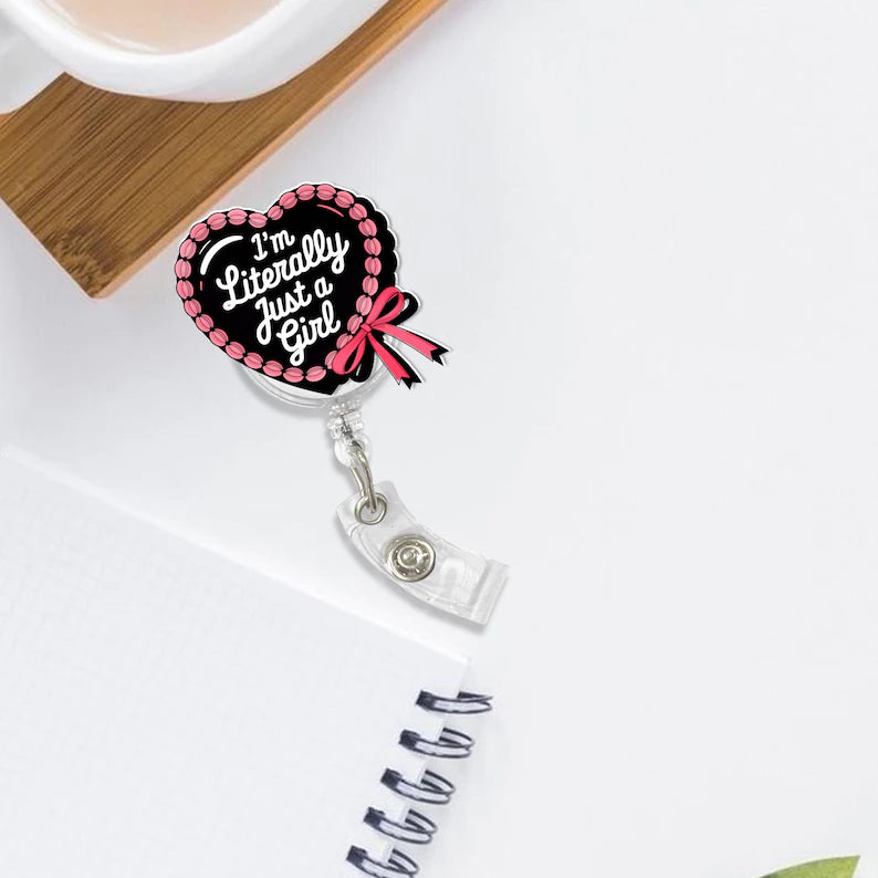 Literally Just a Girl Heart Badge Reel, Cute Coquette Pink Retractable ID Holder for Nurses