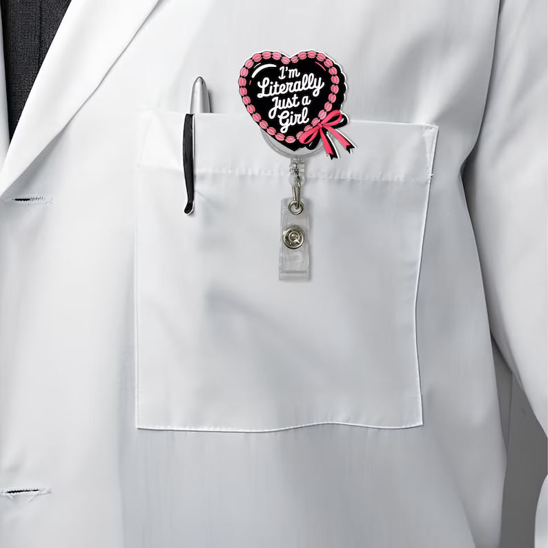 Literally Just a Girl Heart Badge Reel, Cute Coquette Pink Retractable ID Holder for Nurses