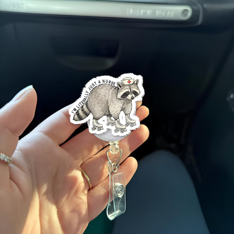 Funny Raccoon Nurse Badge Reel for RN, CNA, Vet Tech, Animal Medical ID Holder