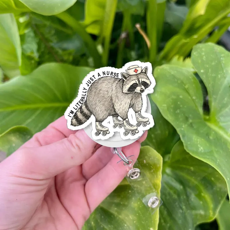 Funny Raccoon Nurse Badge Reel for RN, CNA, Vet Tech, Animal Medical ID Holder