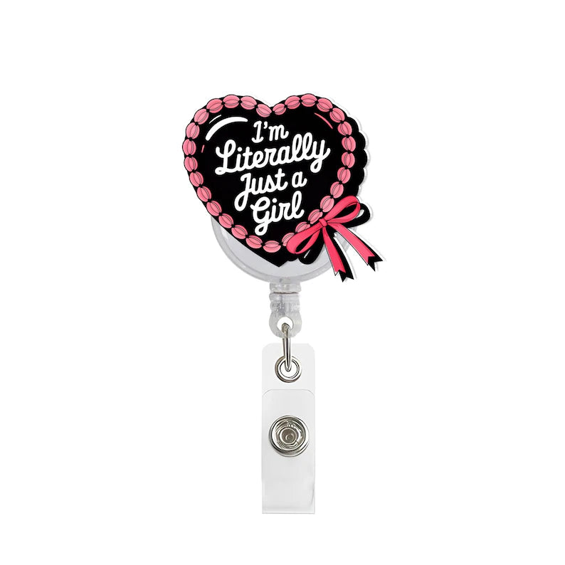 Literally Just a Girl Heart Badge Reel, Cute Coquette Pink Retractable ID Holder for Nurses