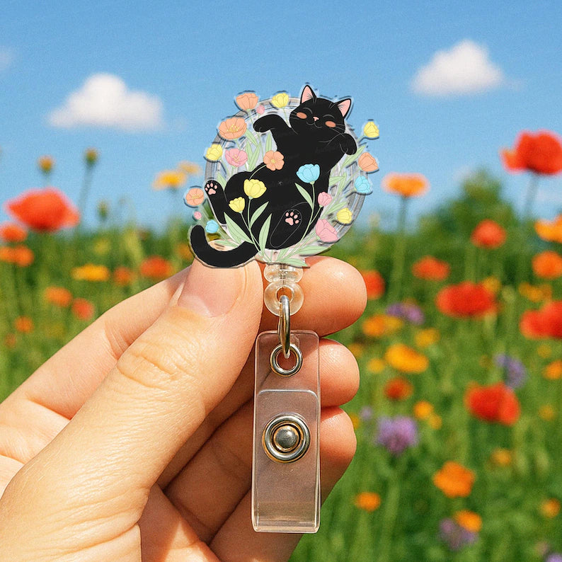 Cute Black Cat Floral Nurse Badge Reel, Funny Kitten Flower RN ID Holder, Nurse Gift