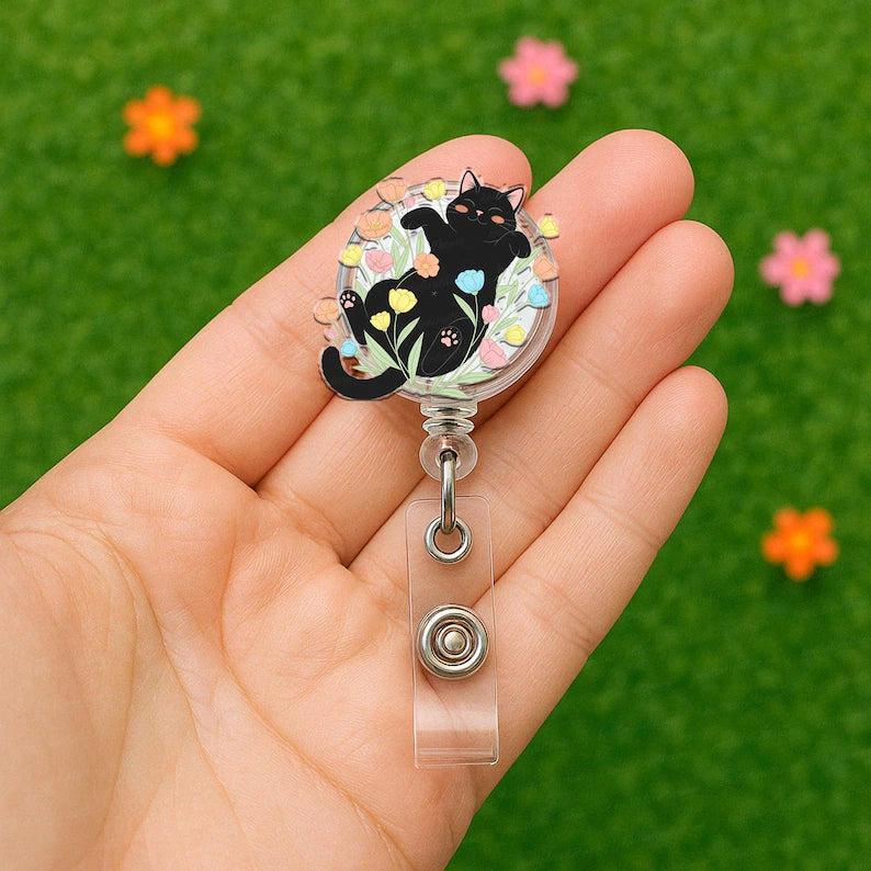 Cute Black Cat Floral Nurse Badge Reel, Funny Kitten Flower RN ID Holder, Nurse Gift