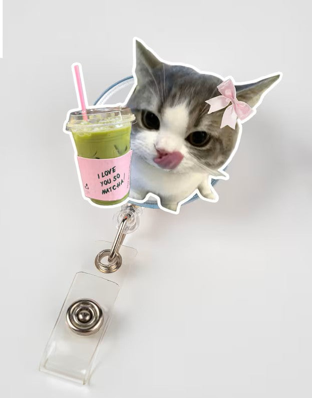 Cute Cat Matcha Drink Nurse Badge Reel, Funny Kitten RN ID Holder, Nurse Gift