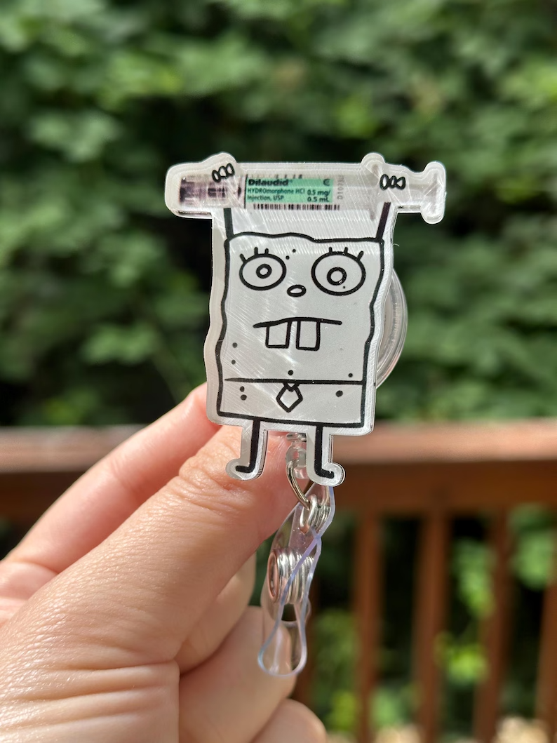 Doodle Bob Dilaudid Syringe Badge Reel, Funny RN MD Pharmacy ID Holder Clip, Healthcare Gift