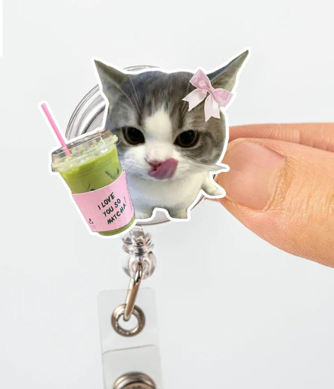 Cute Cat Matcha Drink Nurse Badge Reel, Funny Kitten RN ID Holder, Nurse Gift