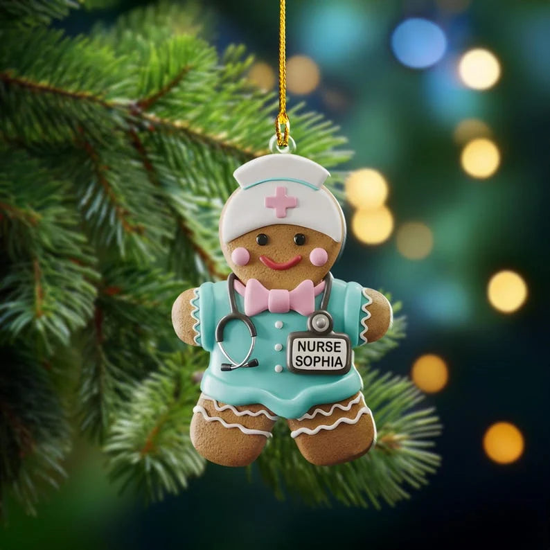 Personalized Gingerbread Nurse Acrylic Ornament – Custom Name Christmas Gift for Nurses