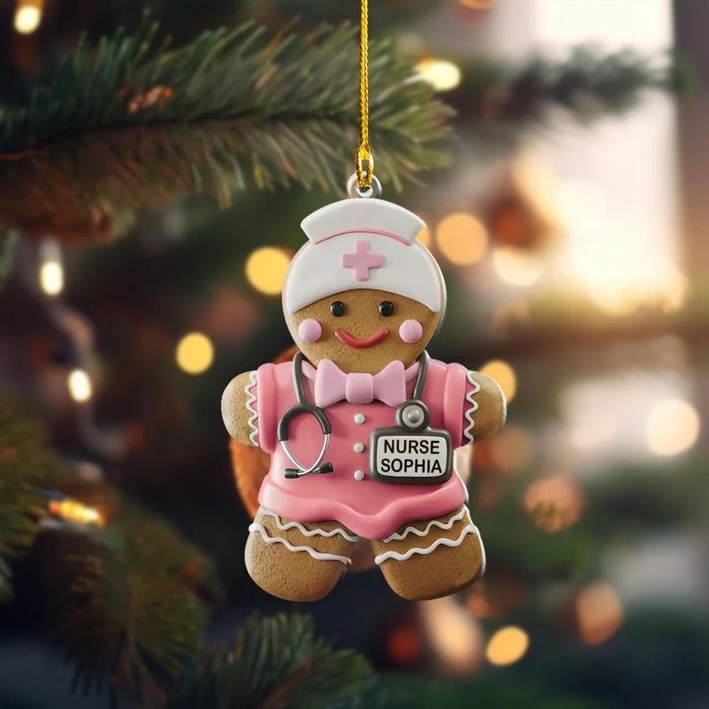 Personalized Gingerbread Nurse Acrylic Ornament – Custom Name Christmas Gift for Nurses