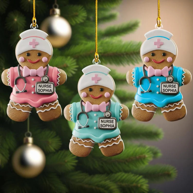 Personalized Gingerbread Nurse Acrylic Ornament – Custom Name Christmas Gift for Nurses