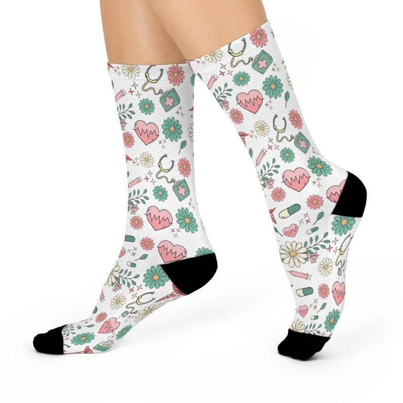 Funny Nurse Floral Heart Cushioned Crew Socks, Perfect Gift For Nursing, Socks For Nurse Doctor