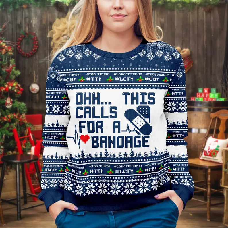 Funny Nurse Ugly Christmas Sweater, Medical Bandage Holiday Sweatshirt For Nursing, Xmas Sweater For Nurse
