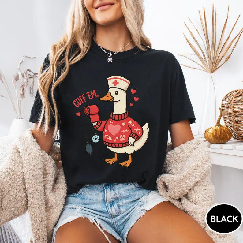 Funny Goose Nurse Shirt, Cuff Em Nurse Practitioner Valentine’s Day Tee, RN Gift