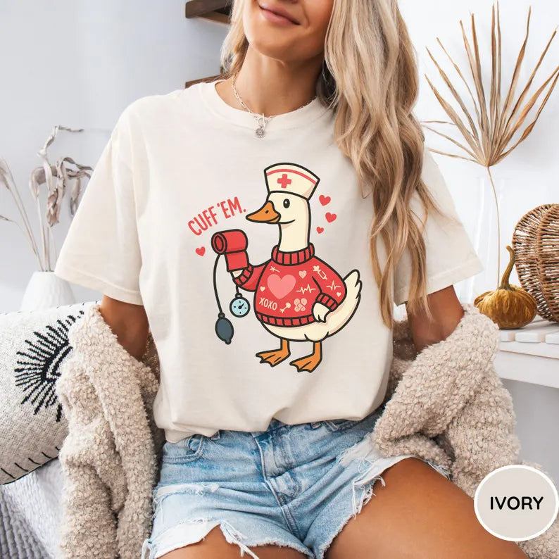 Funny Goose Nurse Shirt, Cuff Em Nurse Practitioner Valentine’s Day Tee, RN Gift
