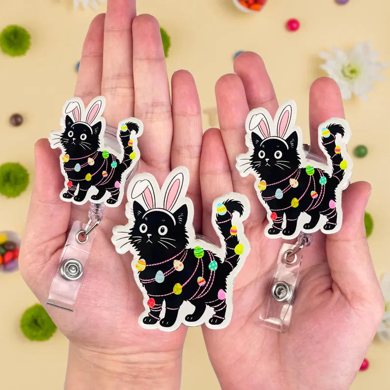 Cute Easter Cat Badge Reel for Nurses, Funny Bunny Cat ID Holder Clip, Retractable Work Badge