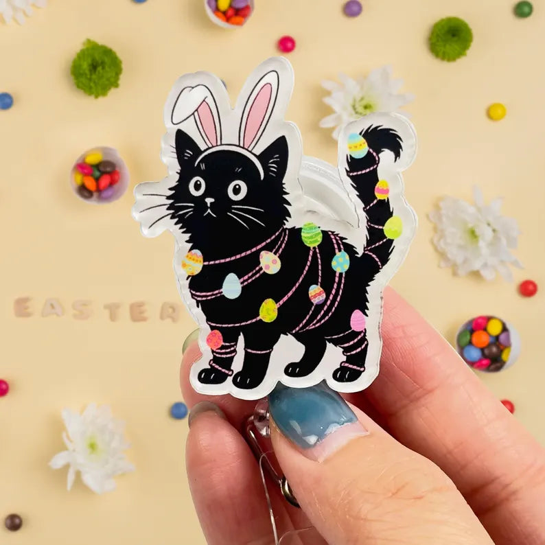 Cute Easter Cat Badge Reel for Nurses, Funny Bunny Cat ID Holder Clip, Retractable Work Badge