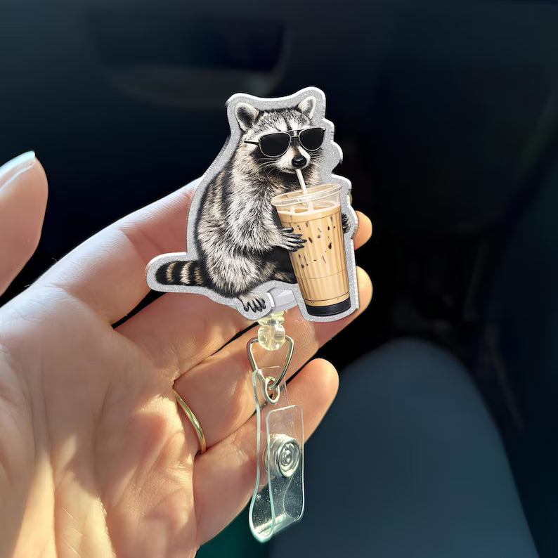 Funny Raccoon Coffee Badge Reel, Cute Iced Coffee Animal Badge Holder, Nurse Office Gift