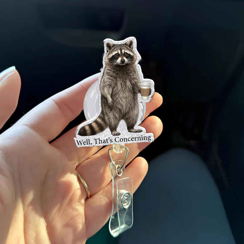 Funny Raccoon Coffee Badge Reel, Cute Iced Coffee Animal Badge Holder, Nurse Office Gift