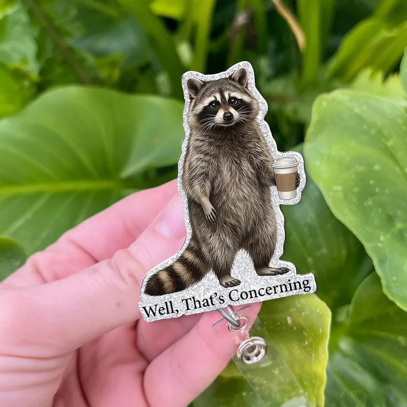 Funny Raccoon Coffee Badge Reel, Cute Iced Coffee Animal Badge Holder, Nurse Office Gift