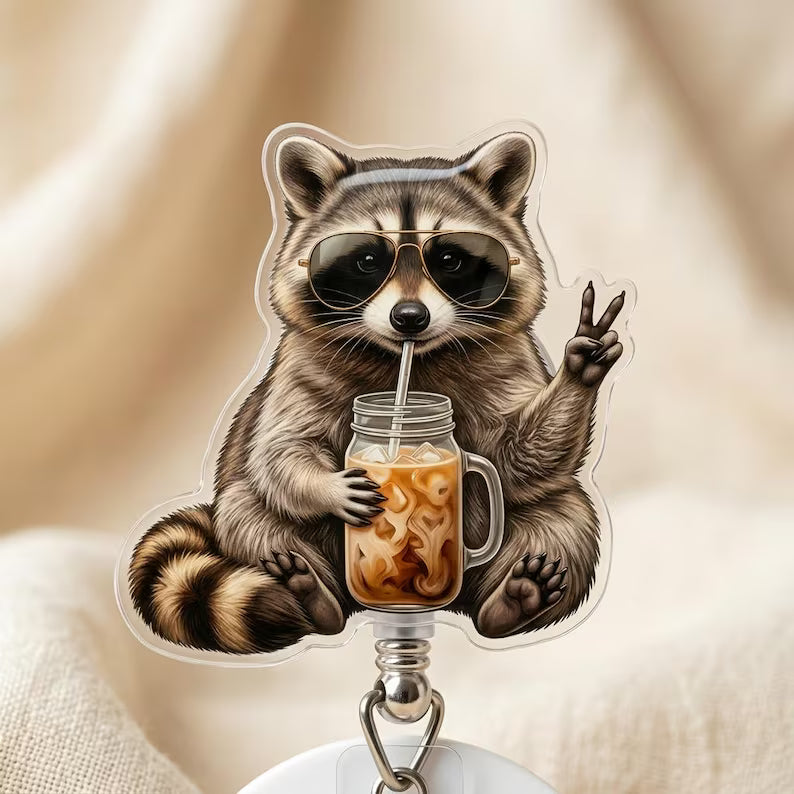 Funny Raccoon Coffee Badge Reel, Cute Iced Coffee Animal Badge Holder, Nurse Office Gift