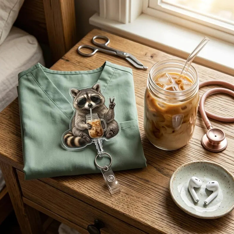 Funny Raccoon Coffee Badge Reel, Cute Iced Coffee Animal Badge Holder, Nurse Office Gift