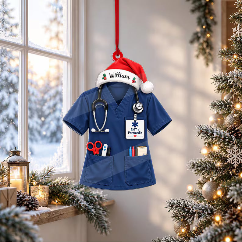 Personalized EMT & Paramedic Scrub Ornament, Custom Name Christmas Gift for First Responders