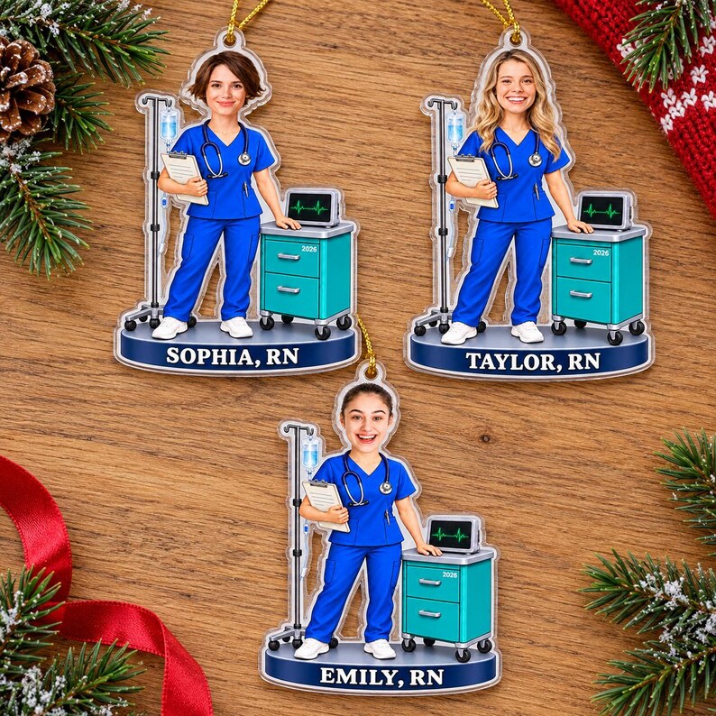 Personalized RN Nurse Photo Ornament, Custom Face & Name Christmas Gift for Registered Nurses