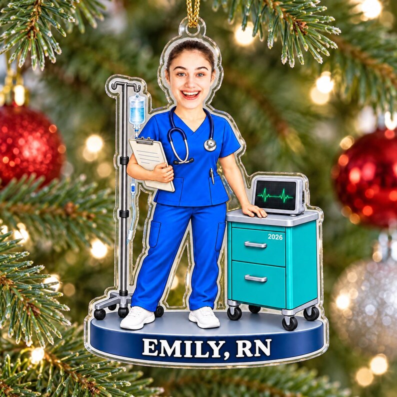 Personalized RN Nurse Photo Ornament, Custom Face & Name Christmas Gift for Registered Nurses
