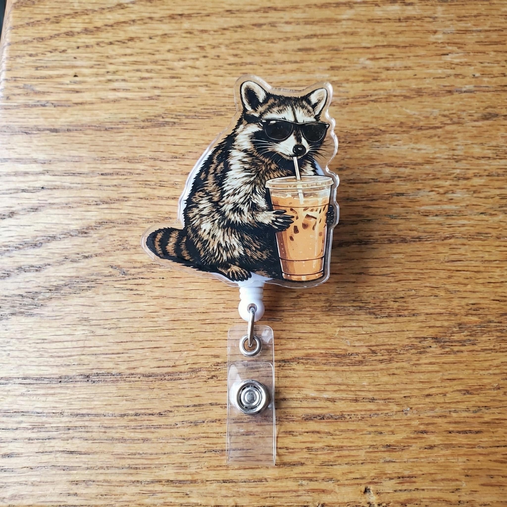 Funny Meme Raccoon Drinking Badge Reel For Nurses & Doctors, Funny Black Cat ID Holder Clip