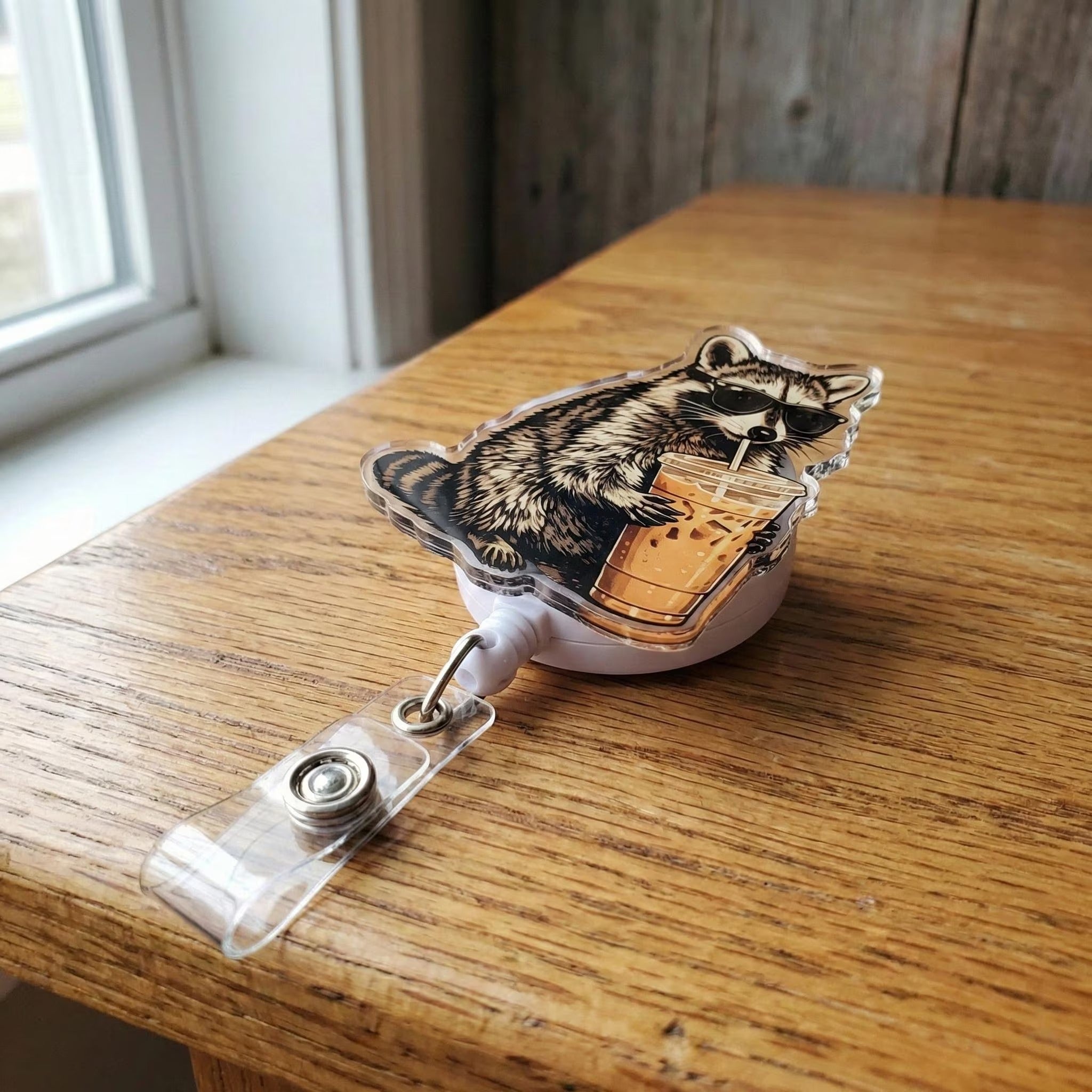 Funny Meme Raccoon Drinking Badge Reel For Nurses & Doctors, Funny Black Cat ID Holder Clip