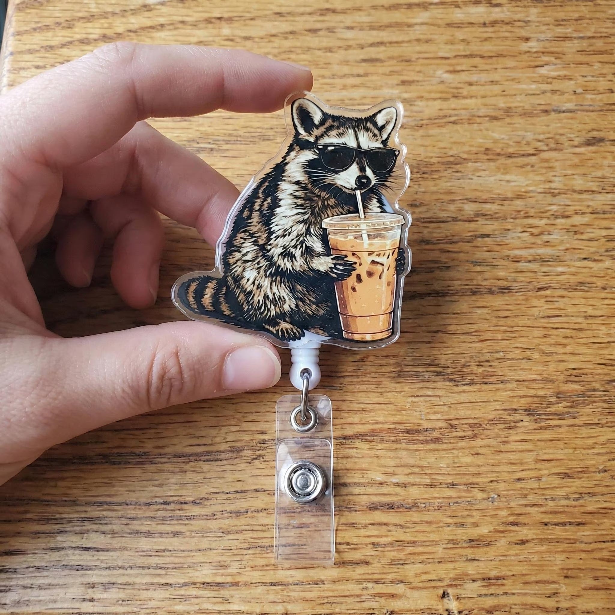 Funny Meme Raccoon Drinking Badge Reel For Nurses & Doctors, Funny Black Cat ID Holder Clip