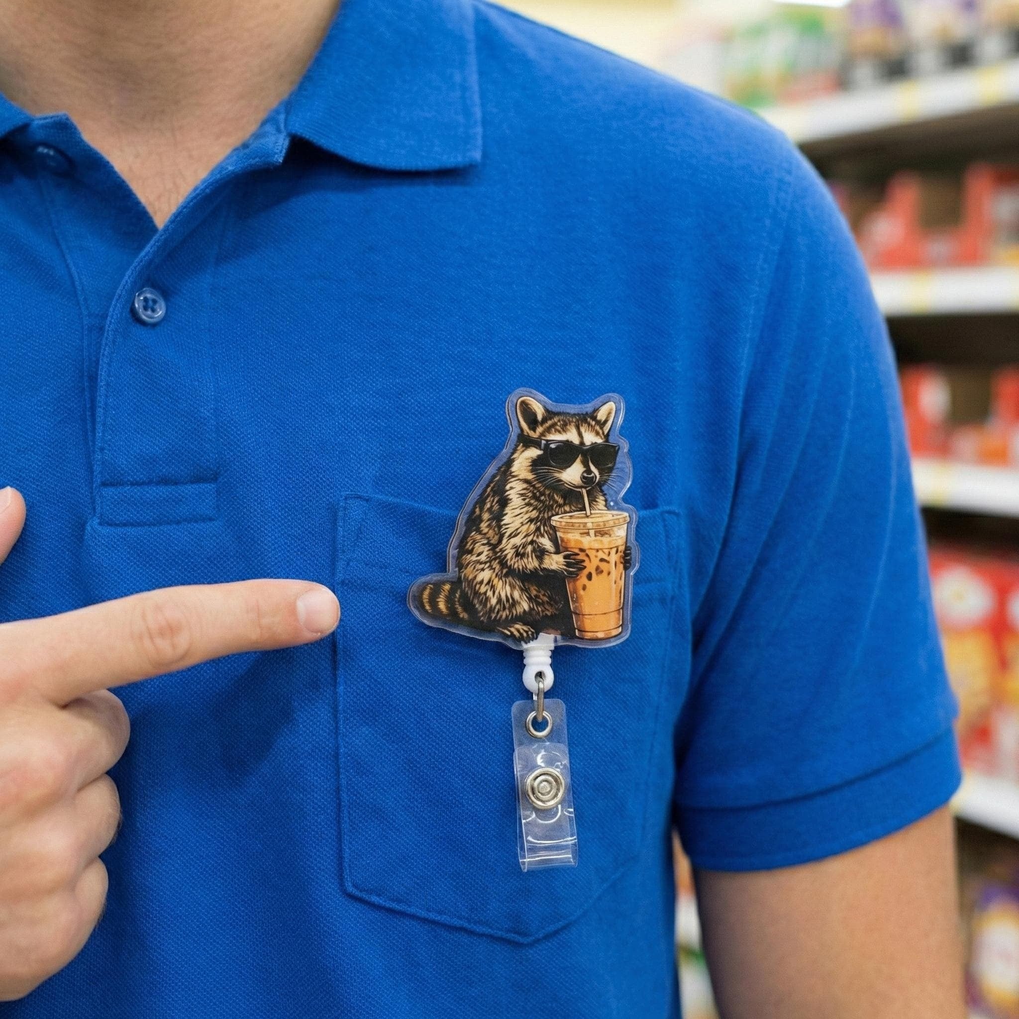 Funny Meme Raccoon Drinking Badge Reel For Nurses & Doctors, Funny Black Cat ID Holder Clip