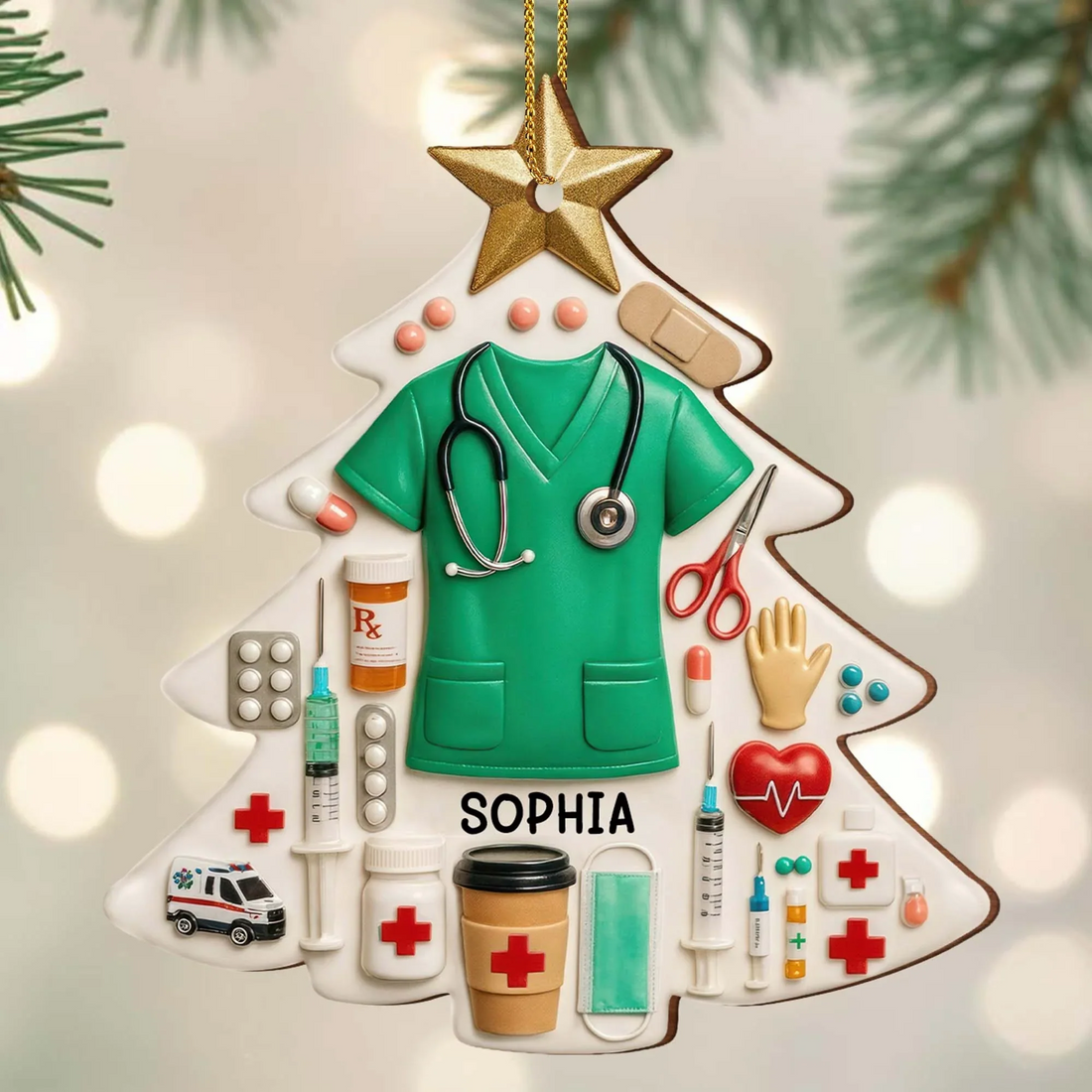 Personalized Nurse Christmas Tree Ornament, Custom Name Scrubs Design, Christmas Gift for Nurses