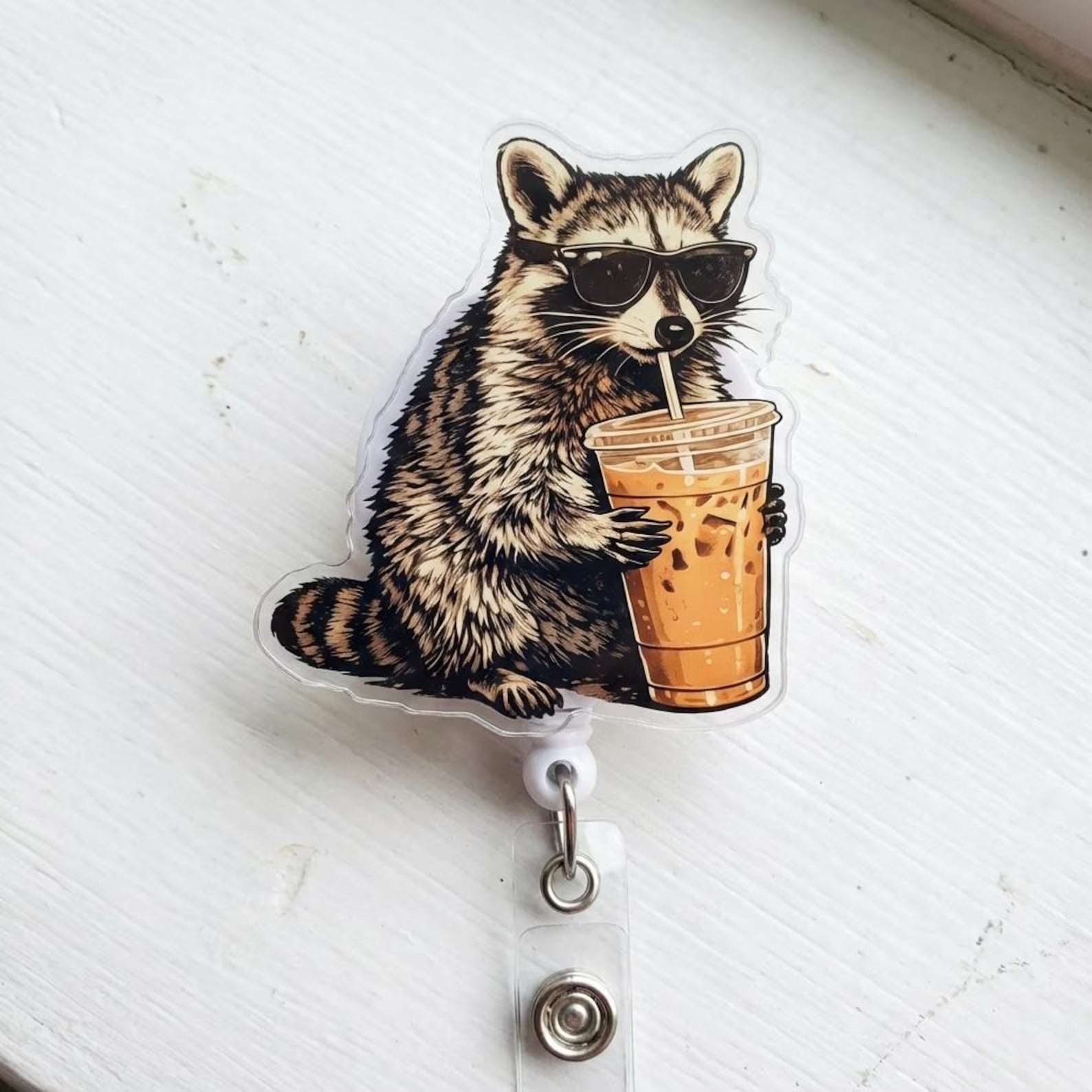 Funny Meme Raccoon Drinking Badge Reel For Nurses & Doctors, Funny Black Cat ID Holder Clip