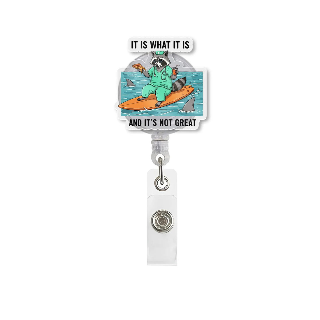 Funny Raccoon Shark Surfing Badge Reel For Nurses & Doctors, Funny Black Cat ID Holder Clip