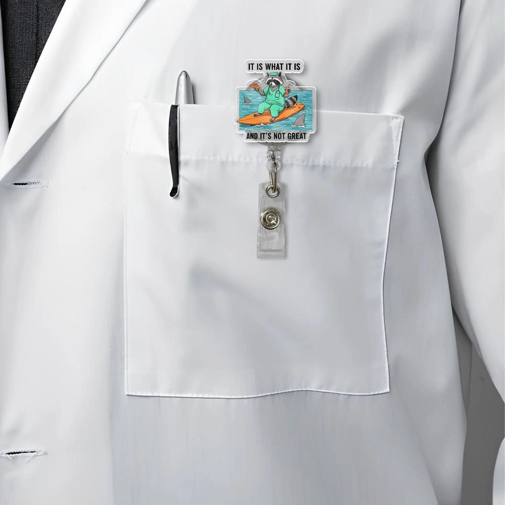 Funny Raccoon Shark Surfing Badge Reel For Nurses & Doctors, Funny Black Cat ID Holder Clip