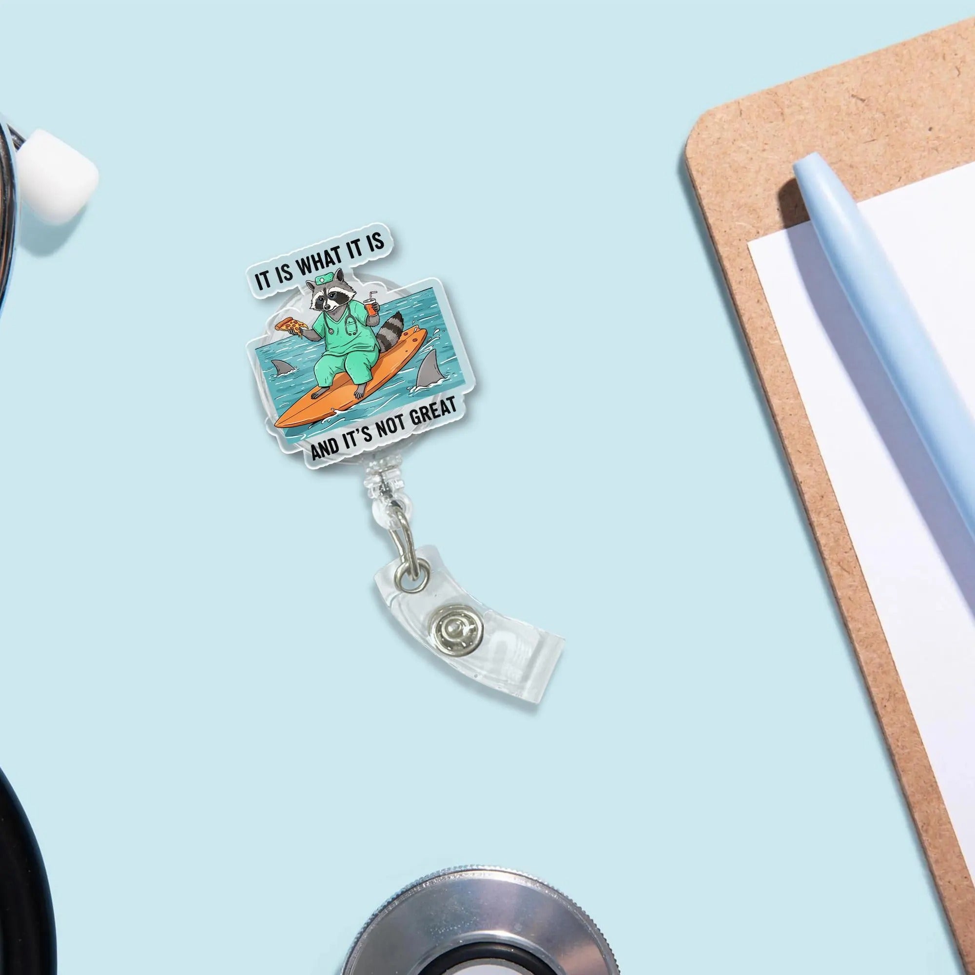 Funny Raccoon Shark Surfing Badge Reel For Nurses & Doctors, Funny Black Cat ID Holder Clip