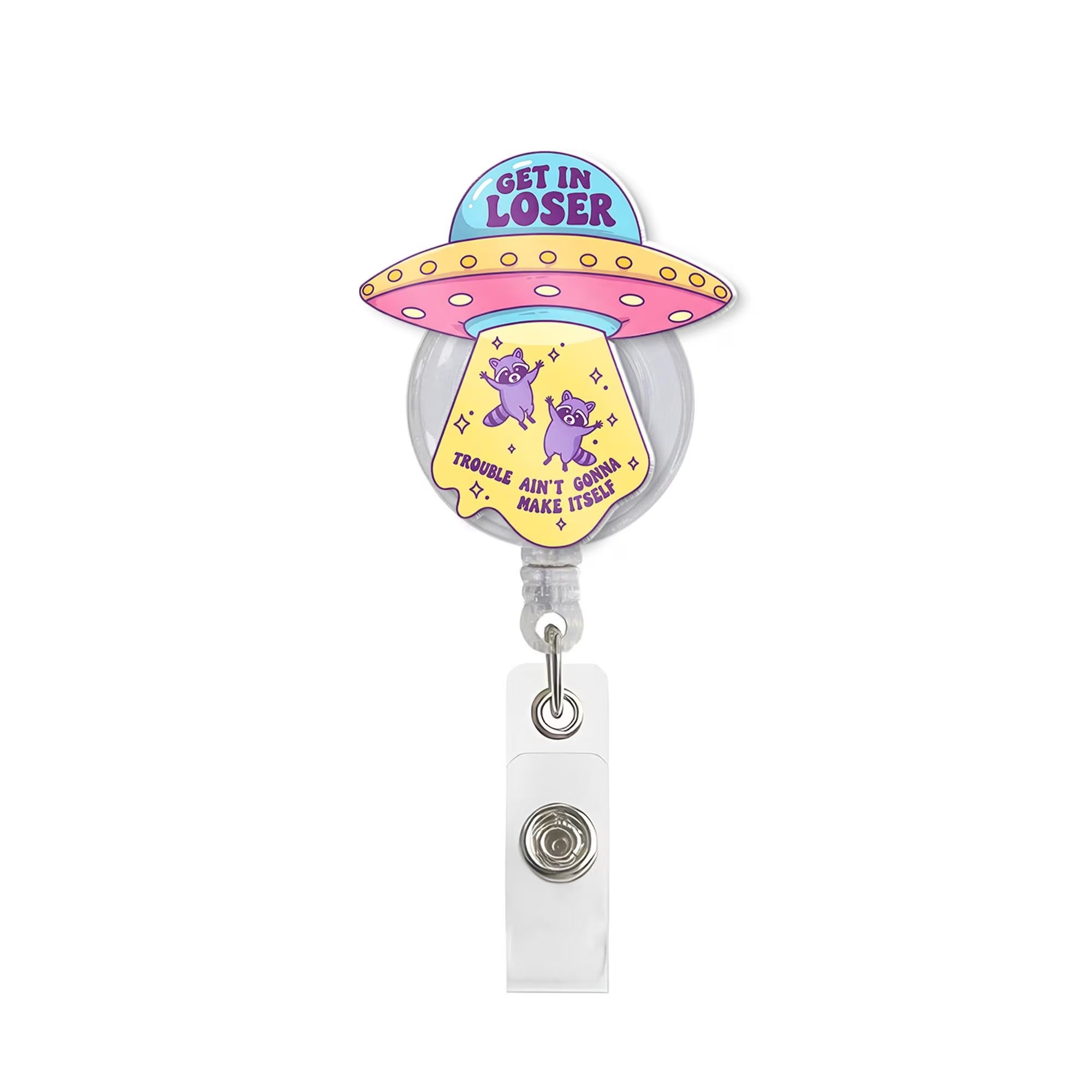Funny Alien Raccoon UFO Badge Reel For Nurses & Doctors, Funny Black Cat ID Holder Clip