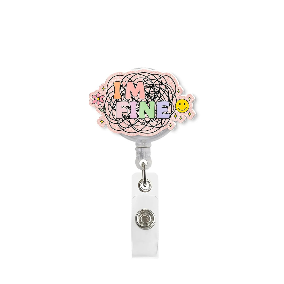 Funny 'I'm Fine' Sarcastic Badge Reel For Nurses & Doctors, Funny Black Cat ID Holder Clip